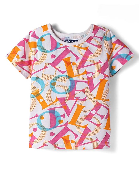 Pine Kids Cotton Knit Half Sleeves Co-ords Capri Night Suit With Text Print - Pink & White