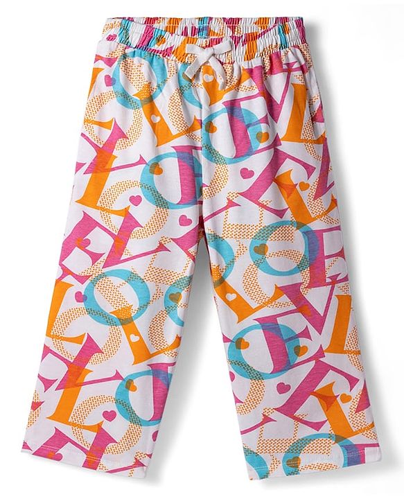 Pine Kids Cotton Knit Half Sleeves Co-ords Capri Night Suit With Text Print - Pink & White