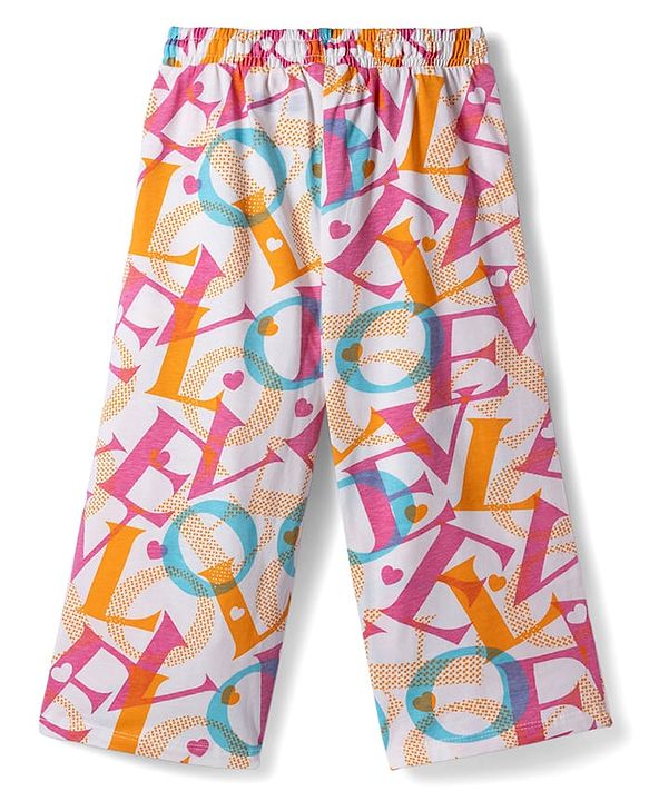 Pine Kids Cotton Knit Half Sleeves Co-ords Capri Night Suit With Text Print - Pink & White