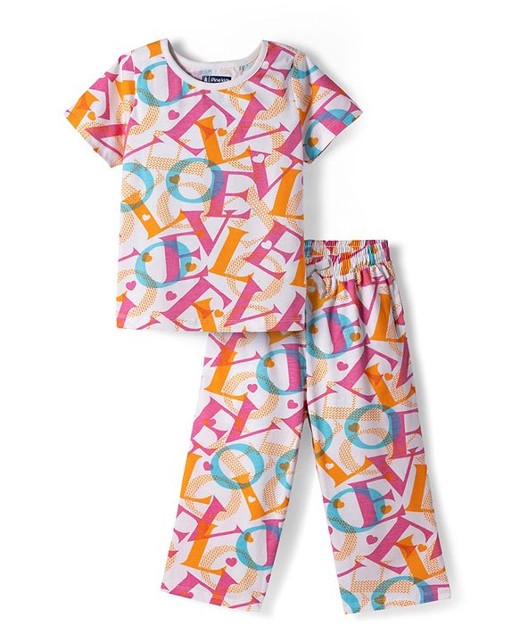 Pine Kids 100% Cotton Knit Half Sleeves Alphabet Printed T-Shirt & Capri Co-Ord Night Suit - White