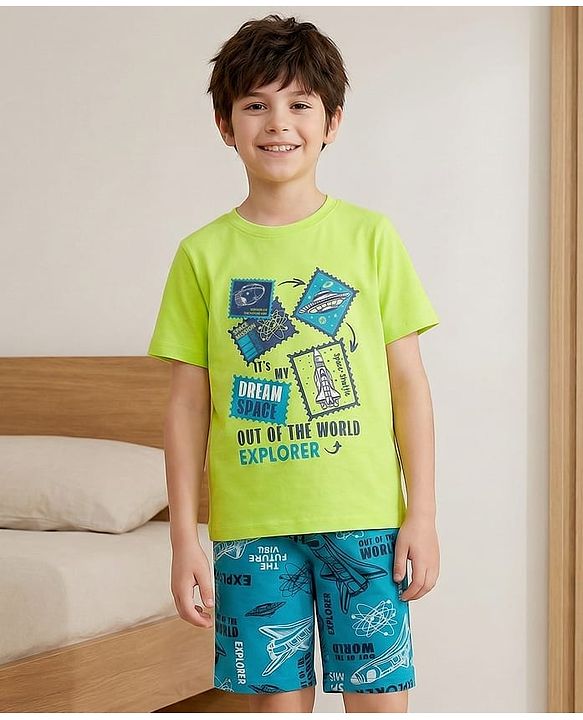 Pine Kids Cotton Knit Half Sleeves Shorts Night Suit with Space Theme Print - Limegreen
