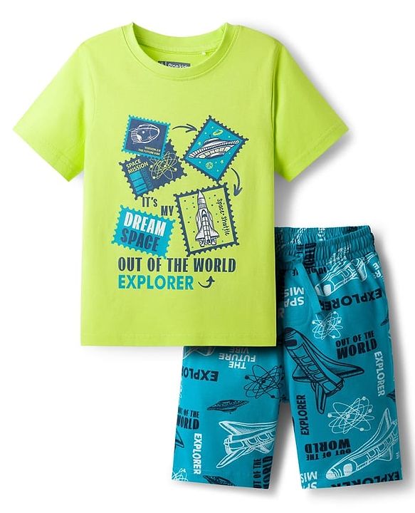 Pine Kids Cotton Knit Half Sleeves Shorts Night Suit with Space Theme Print - Limegreen