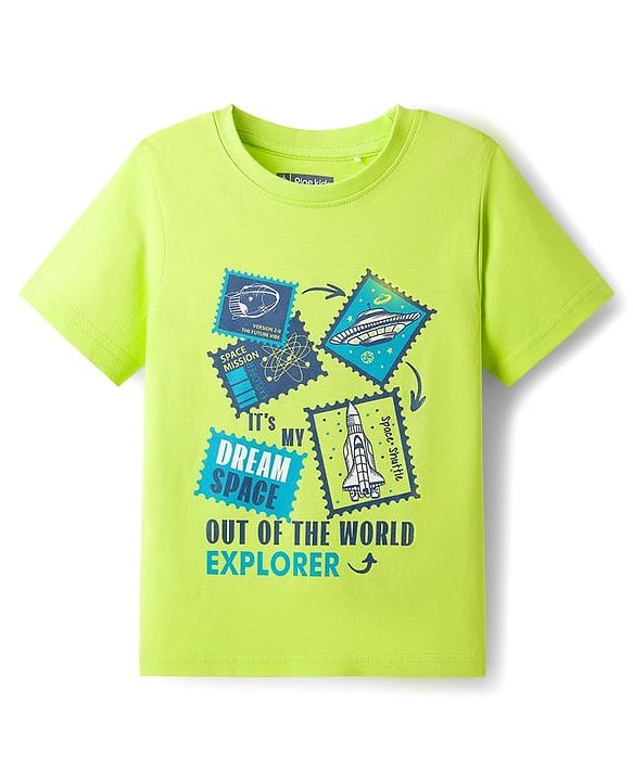Pine Kids Cotton Knit Half Sleeves Shorts Night Suit with Space Theme Print - Limegreen