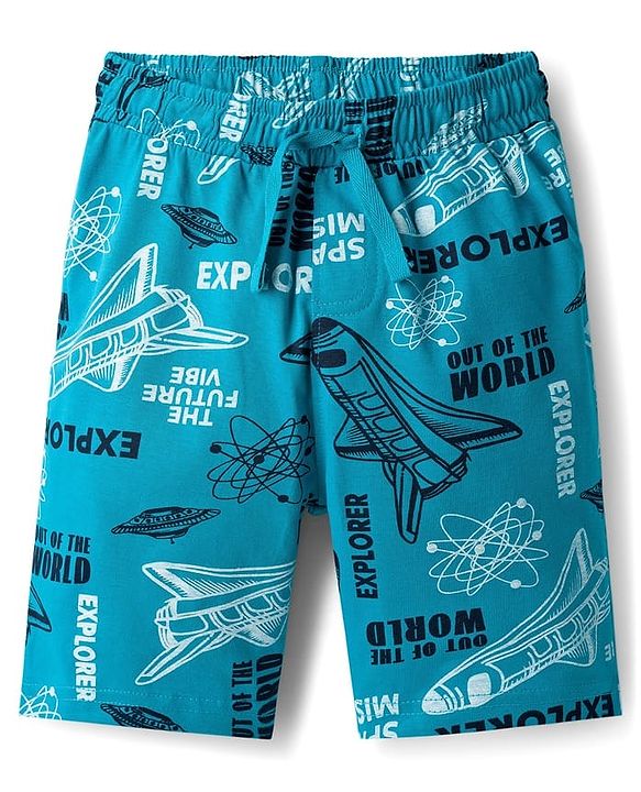 Pine Kids Cotton Knit Half Sleeves Shorts Night Suit with Space Theme Print - Limegreen