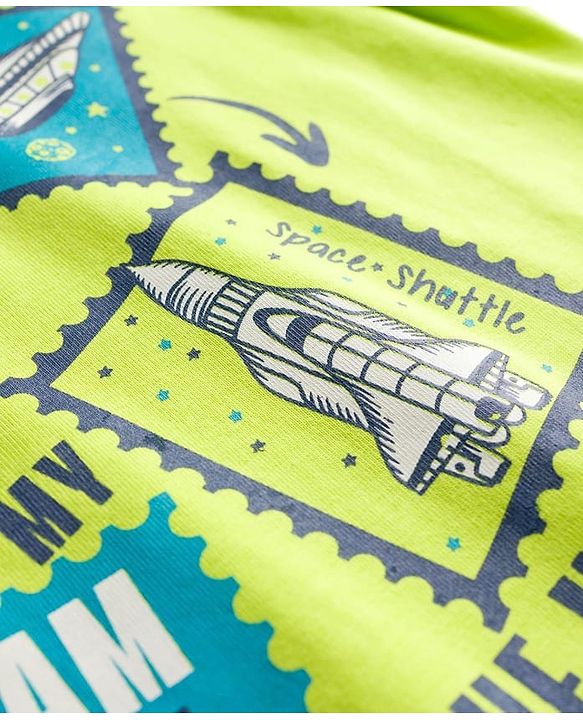 Pine Kids Cotton Knit Half Sleeves Shorts Night Suit with Space Theme Print - Limegreen