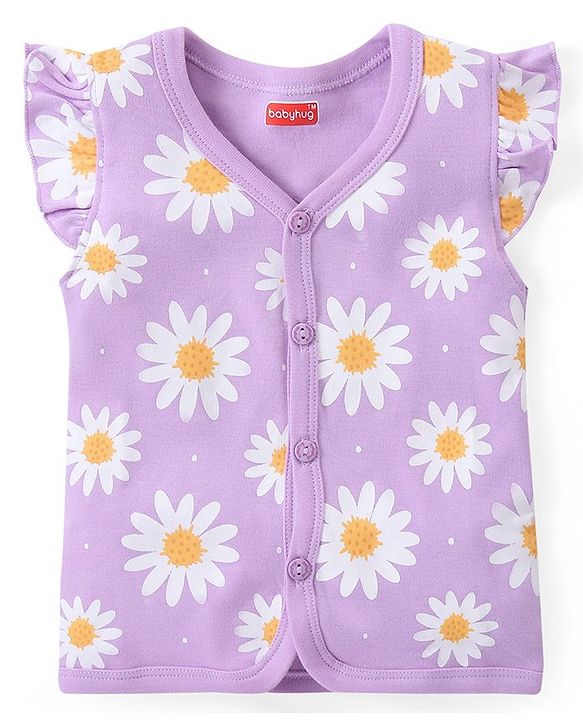 Babyhug 100% Cotton Interlock Knit Frill Sleeves Jhablas With Floral Print Pack Of 3 - Pink Purple & Yellow