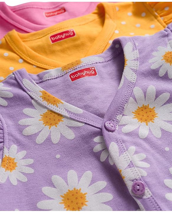 Babyhug 100% Cotton Interlock Knit Frill Sleeves Jhablas With Floral Print Pack Of 3 - Pink Purple & Yellow