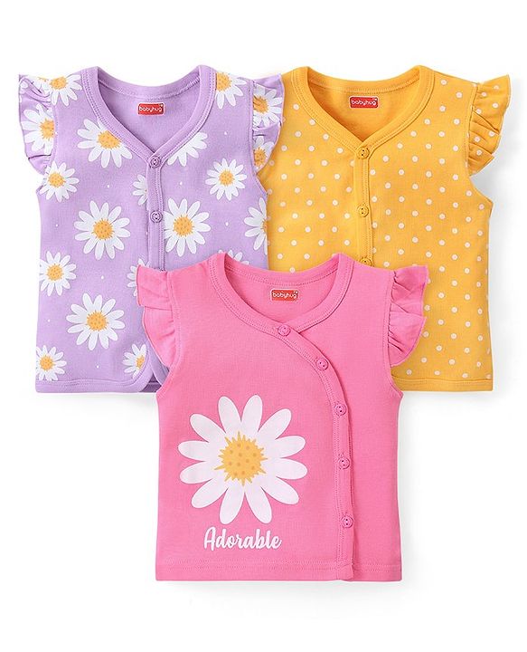 Babyhug 100% Cotton Interlock Knit Frill Sleeves Jhablas With Floral Print Pack Of 3 - Pink Purple & Yellow