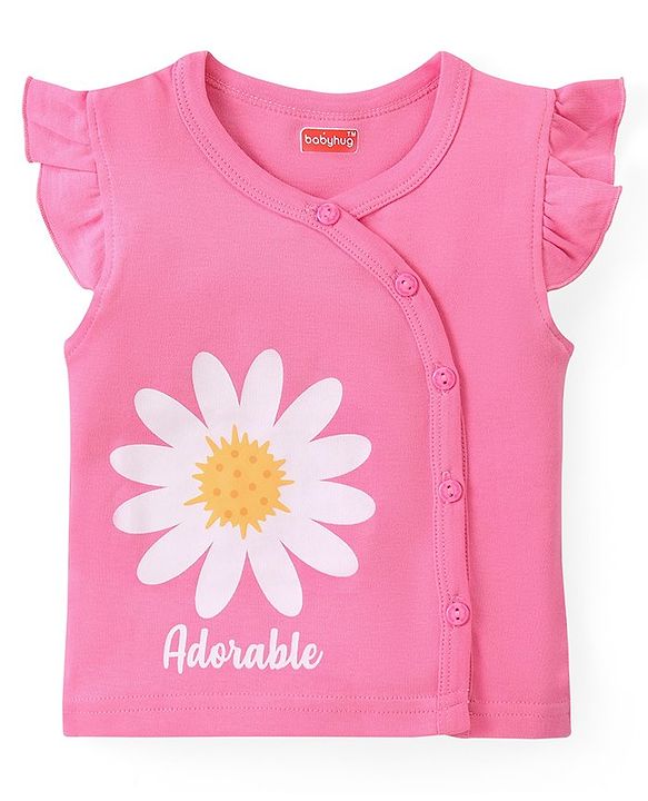 Babyhug 100% Cotton Interlock Knit Frill Sleeves Jhablas With Floral Print Pack Of 3 - Pink Purple & Yellow