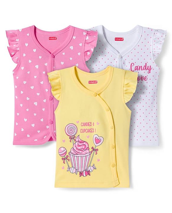 Babyhug 100% Cotton Interlock Knit Frill Sleeves Jhablas With Heart & Polka Dot Print Pack of 3 - Pink Yellow & White