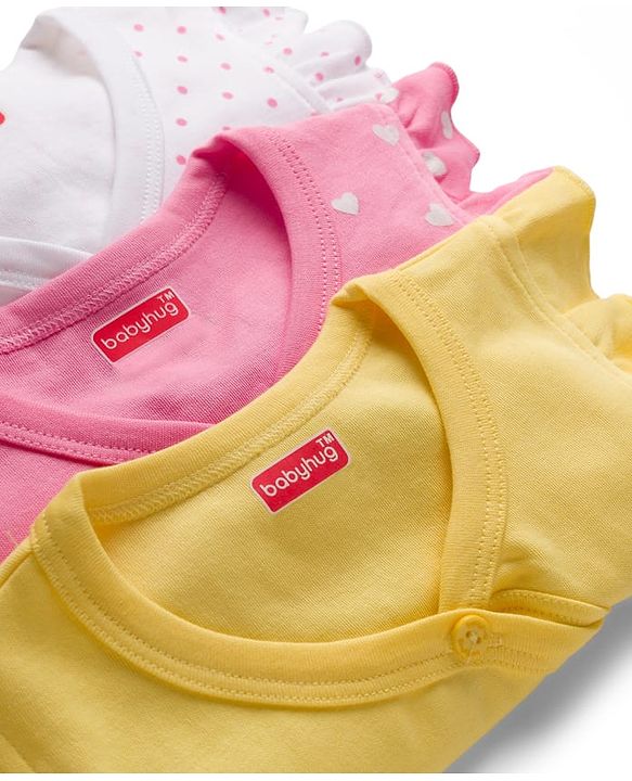 Babyhug 100% Cotton Interlock Knit Frill Sleeves Jhablas With Heart & Polka Dot Print Pack of 3 - Pink Yellow & White