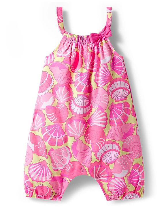 Babyhug Single Jersey Knit Dungaree & Half Sleeves Inner Tee With Seashell Print - Pink