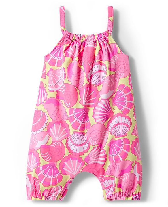 Babyhug Single Jersey Knit Dungaree & Half Sleeves Inner Tee With Seashell Print - Pink