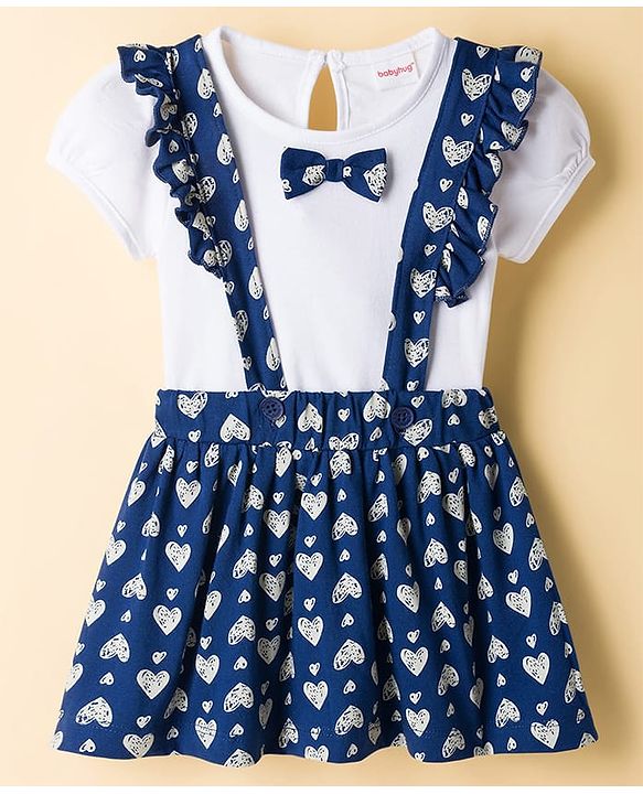 Babyhug Single Jersey Knit Haf Sleeves Top & Skirt Set With Heart Print - White & Navy Blue