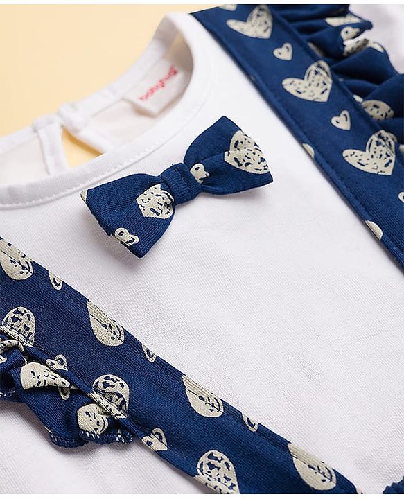 Babyhug Single Jersey Knit Haf Sleeves Top & Skirt Set With Heart Print - White & Navy Blue