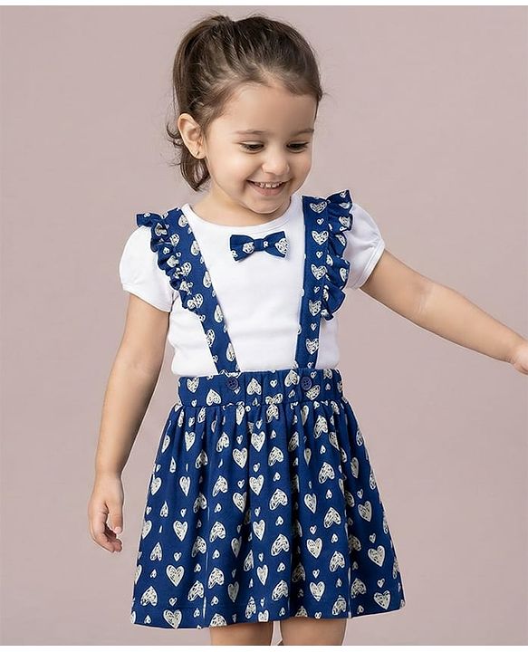Babyhug Single Jersey Knit Haf Sleeves Top & Skirt Set With Heart Print - White & Navy Blue