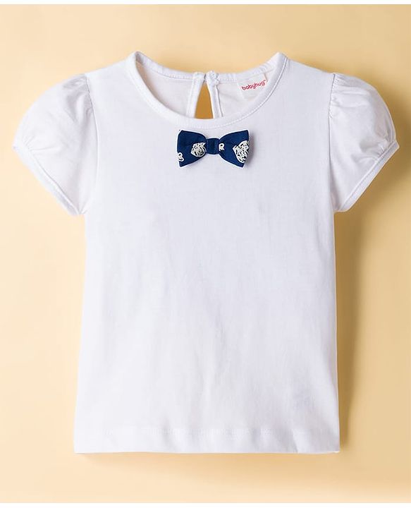 Babyhug Single Jersey Knit Haf Sleeves Top & Skirt Set With Heart Print - White & Navy Blue
