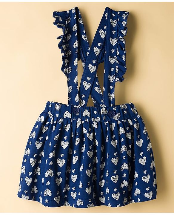 Babyhug Single Jersey Knit Haf Sleeves Top & Skirt Set With Heart Print - White & Navy Blue