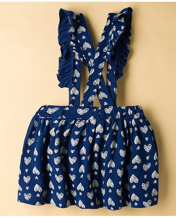 Babyhug Single Jersey Knit Haf Sleeves Top & Skirt Set With Heart Print - White & Navy Blue