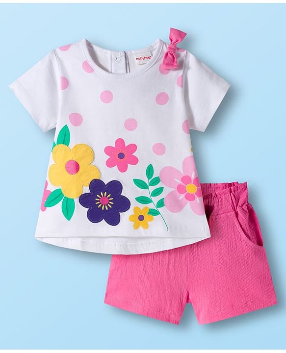 Babyhug Single Jersey Knit Half Sleeves Floral Printed Top & Shorts Set with Bow Applique - Pink & White