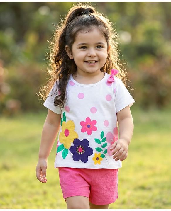 Babyhug Single Jersey Knit Half Sleeves Floral Printed Top & Shorts Set with Bow Applique - Pink & White