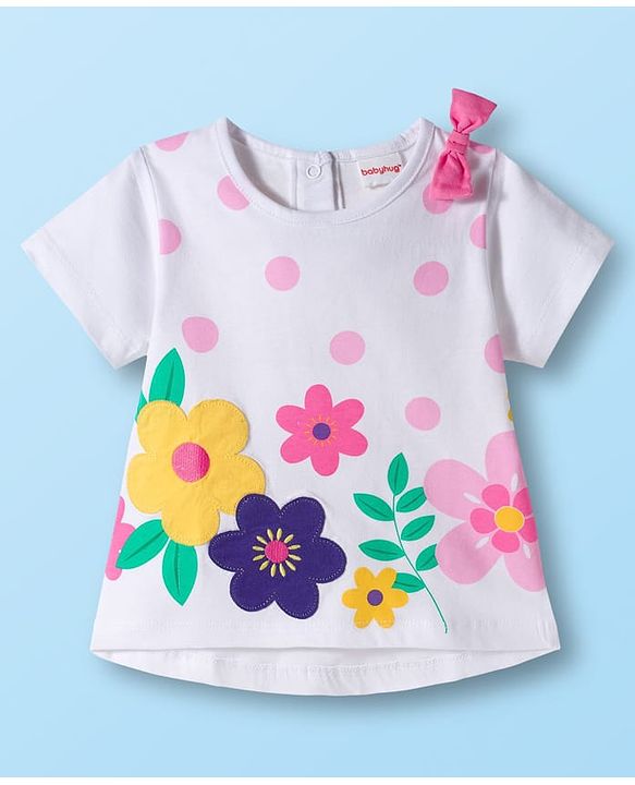 Babyhug Single Jersey Knit Half Sleeves Floral Printed Top & Shorts Set with Bow Applique - Pink & White