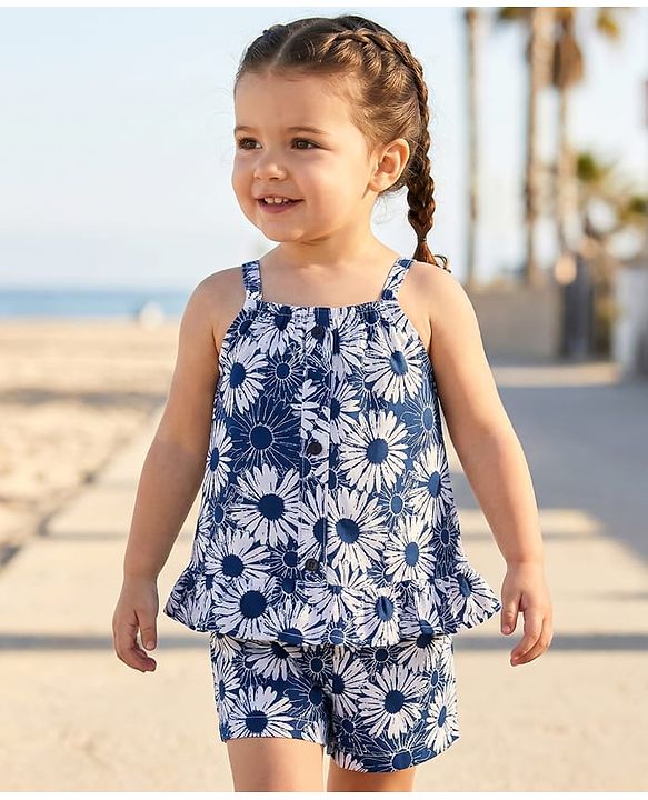 Babyhug Single Jersey Knit Sleeveless Floral Printed Co-ords Top & Shorts Set - Navy Blue