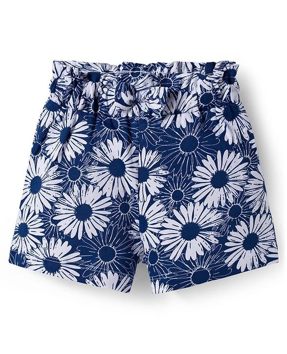 Babyhug Single Jersey Knit Sleeveless Floral Printed Co-ords Top & Shorts Set - Navy Blue