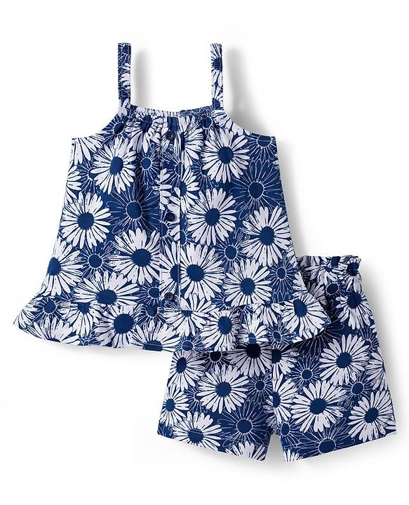 Babyhug Single Jersey Knit Sleeveless Floral Printed Co-ords Top & Shorts Set - Navy Blue