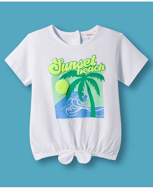 Babyhug Single Jersey Knit Half Sleeves Top & Shorts Set with Beach Theme Graphic - Limegreen & White