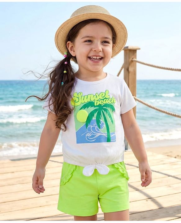 Babyhug Single Jersey Knit Half Sleeves Top & Shorts Set with Beach Theme Graphic - Limegreen & White