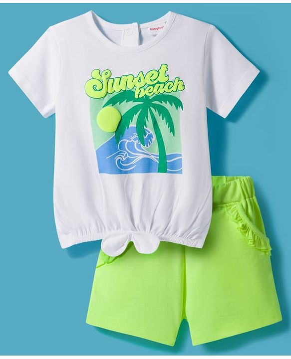 Babyhug Single Jersey Knit Half Sleeves Top & Shorts Set with Beach Theme Graphic - Limegreen & White