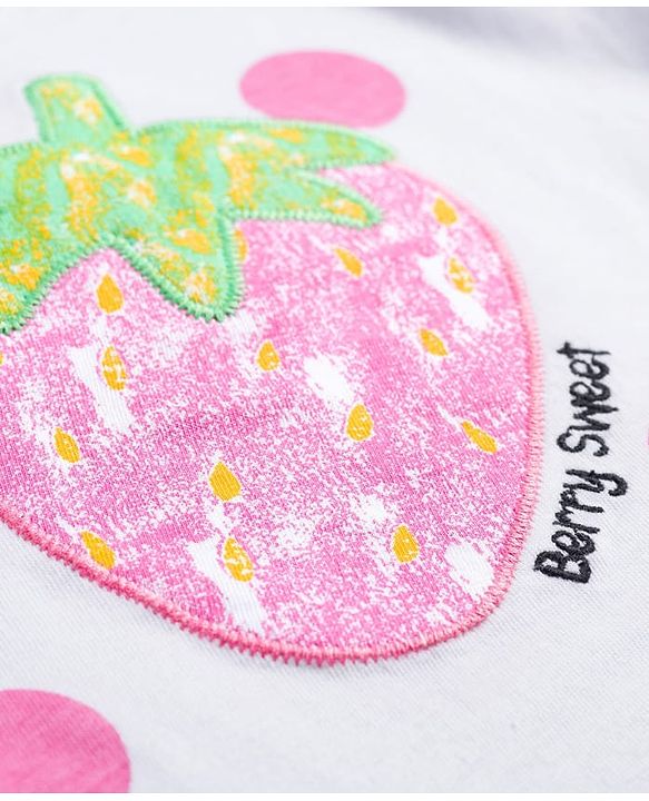 Babyhug Single Jersey Knit Half Sleeves Polka Dot Printed Top & Shorts Set with Bow Applique & Strawberry Embroidery - Pink & White