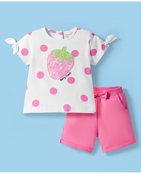 Babyhug Single Jersey Knit Half Sleeves Polka Dot Printed Top & Shorts Set with Bow Applique & Strawberry Embroidery - Pink & White