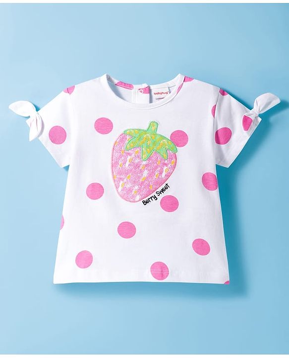 Babyhug Single Jersey Knit Half Sleeves Polka Dot Printed Top & Shorts Set with Bow Applique & Strawberry Embroidery - Pink & White
