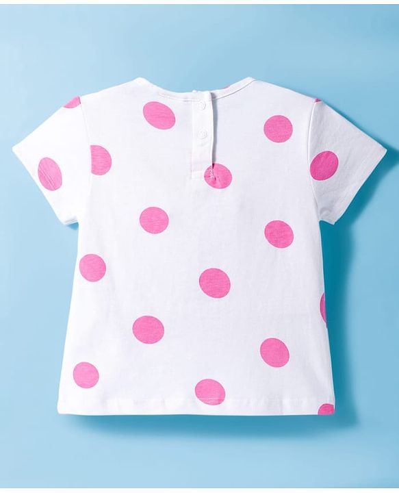 Babyhug Single Jersey Knit Half Sleeves Polka Dot Printed Top & Shorts Set with Bow Applique & Strawberry Embroidery - Pink & White