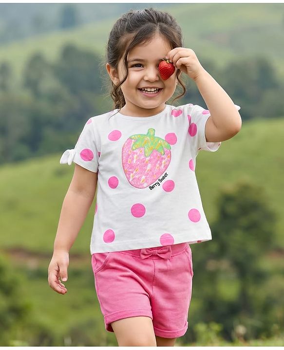 Babyhug Single Jersey Knit Half Sleeves Polka Dot Printed Top & Shorts Set with Bow Applique & Strawberry Embroidery - Pink & White