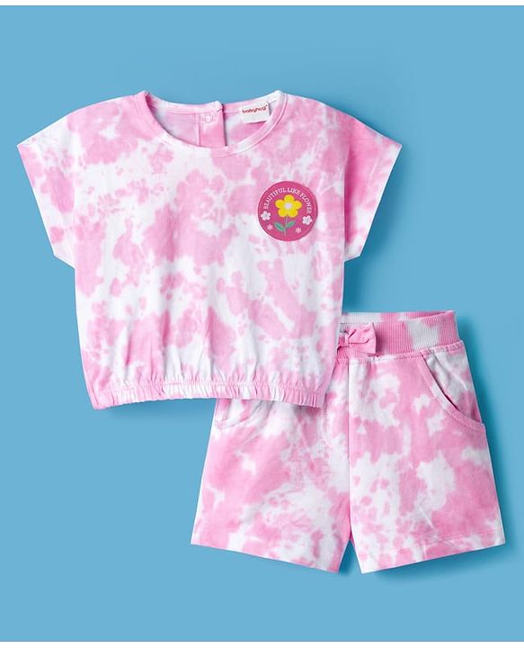 Babyhug Single Jersey Knit Tie & Dye Top & Shorts Set with Path Detailing - Pink