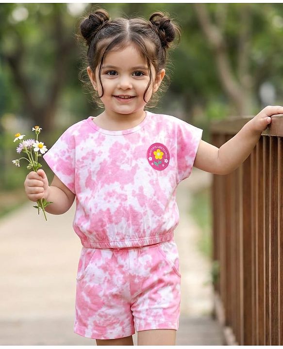 Babyhug Single Jersey Knit Tie & Dye Top & Shorts Set with Path Detailing - Pink
