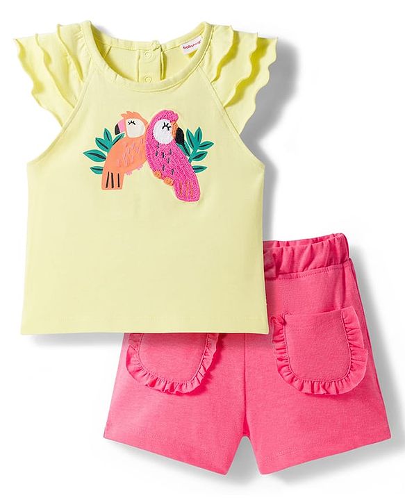 Babyhug Single Jersey Knit Frill Sleeves Top & Shorts Set with Bird Embroidery - Yellow & Pink