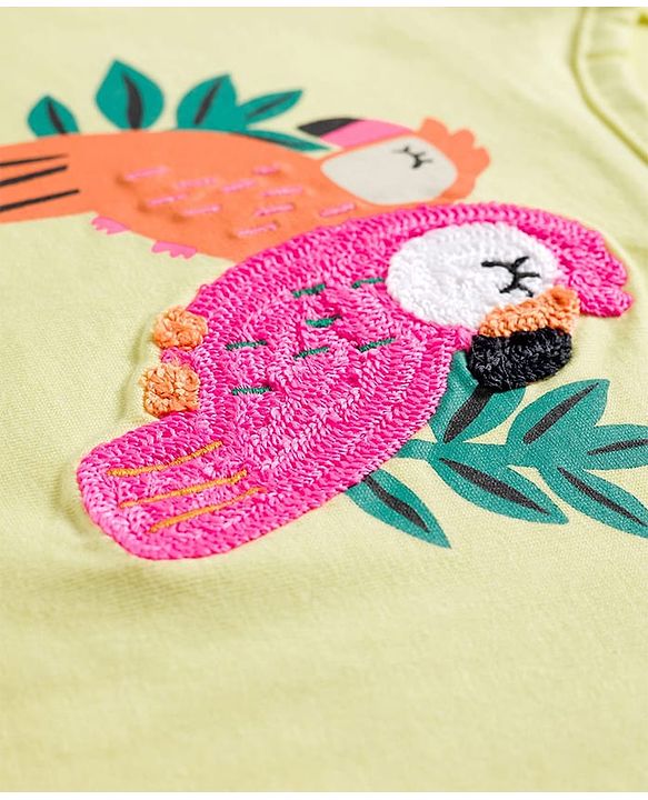Babyhug Single Jersey Knit Frill Sleeves Top & Shorts Set with Bird Embroidery - Yellow & Pink