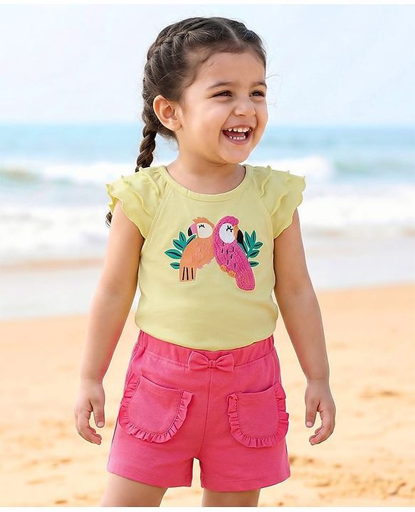 Babyhug Single Jersey Knit Frill Sleeves Top & Shorts Set with Bird Embroidery - Yellow & Pink