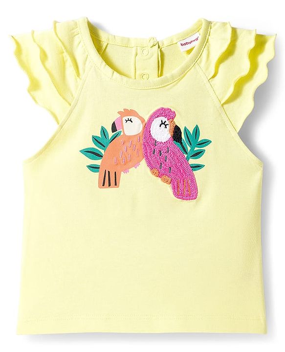 Babyhug Single Jersey Knit Frill Sleeves Top & Shorts Set with Bird Embroidery - Yellow & Pink