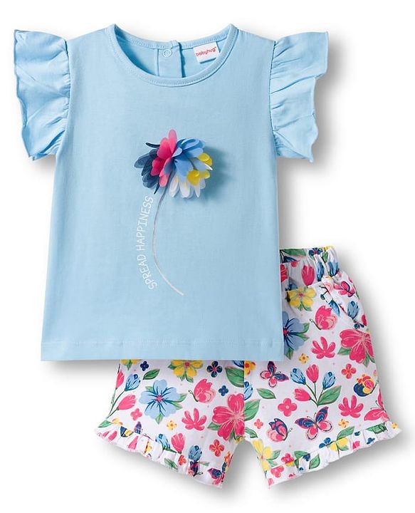 Babyhug Single Jersey Knit Frill Sleeves Floral Printed Top & Shorts Set with Applique - Light Blue