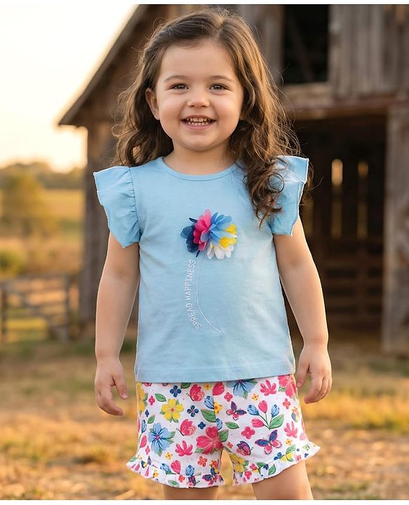Babyhug Single Jersey Knit Frill Sleeves Floral Printed Top & Shorts Set with Applique - Light Blue