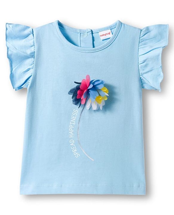 Babyhug Single Jersey Knit Frill Sleeves Floral Printed Top & Shorts Set with Applique - Light Blue
