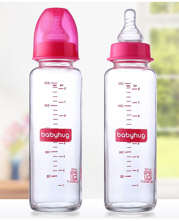 Babyhug SlimSip Glass Feeding Bottle Set  | Narrow Neck | Heat-Resistant Borosilicate Glass | Anti-Colic Nipple Pack of 2 Pink - 250 ml Each