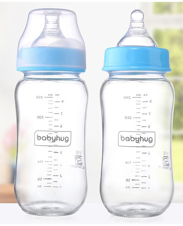 Babyhug GentleFlow Wide Neck Feeding Bottles Set of 2 - 240ml Each Blue|Heat-Resistant Borosilicate Glass| Anti-Colic Silicone Nipple|Leak-Proof|Microwave and Sterilizer Safe| BPA Free|Measuring Scale