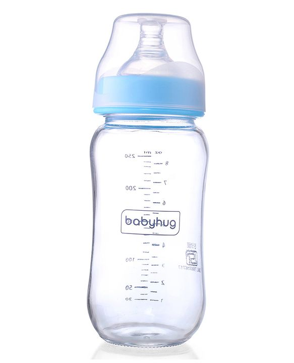 Babyhug GentleFlow Wide Neck Feeding Bottles Set of 2 - 240ml Each Blue|Heat-Resistant Borosilicate Glass| Anti-Colic Silicone Nipple|Leak-Proof|Microwave and Sterilizer Safe| BPA Free|Measuring Scale