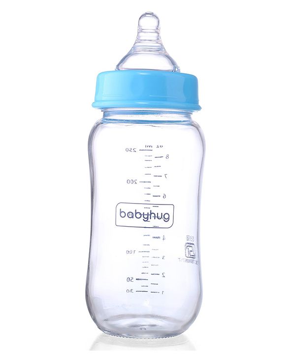 Babyhug GentleFlow Wide Neck Feeding Bottles Set of 2 - 240ml Each Blue|Heat-Resistant Borosilicate Glass| Anti-Colic Silicone Nipple|Leak-Proof|Microwave and Sterilizer Safe| BPA Free|Measuring Scale